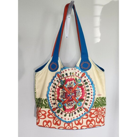 Kate McRostie Bohemian Ikat Canvas Tote Bag With Bead Accents & Multiple Pockets - Picture 1 of 6